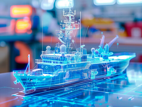 Ship visualization with augmented reality Transparent ship in studio drawing in blue colors