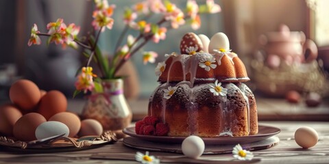 A cake with a frosting and flowers on top of it. The cake is on a plate and there are eggs and...