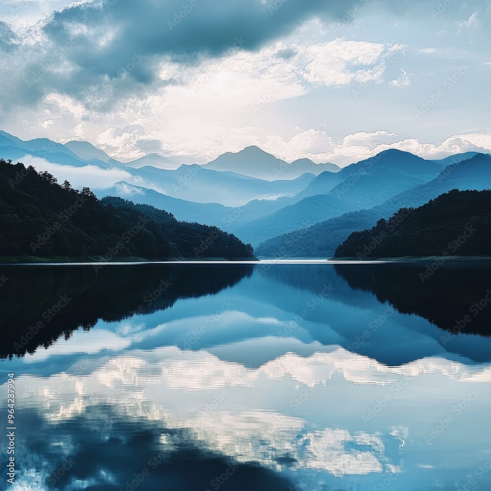 Canvas Prints Serene mountain lake with cloud reflections.