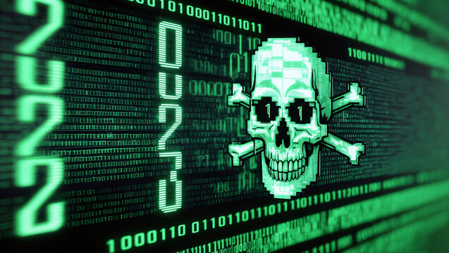 Cybersecurity Threats: Neon Green Skull & Crossbones Amidst Binary Code