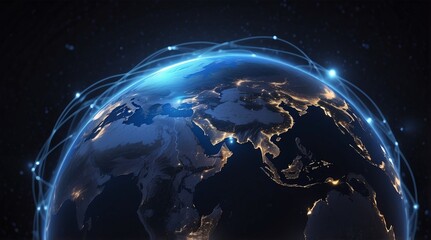 Obraz premium data exchange and communication technology concept, global business network over the Earth, world web satellite connections