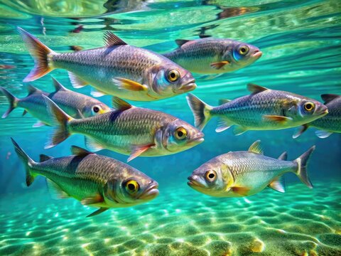 A School of Four-Eyed Fish Swim Near the Surface of a Turquoise Lake, Their Iridescent Scales Catching the Sunlight in a Dazzling Display.