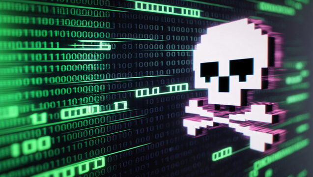 Hacking Concept & Cybersecurity Threat: A Green Neon Skull & Bones on Binary Canvas