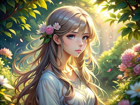 A Serene Anime Beauty With Flowing Hair And Ethereal Eyes Lost In Thought Amidst A Tranquil Garden Bathed In Warm Sunlight