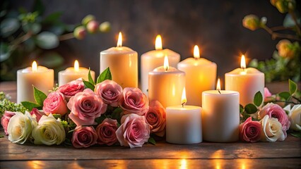 Arrangement of candles and roses for a elegant memorial gathering