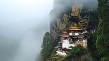 Serene Bhutanese Family at Tiger's Nest Monastery: Exploring a Cliffside Temple Amid Misty Mountains