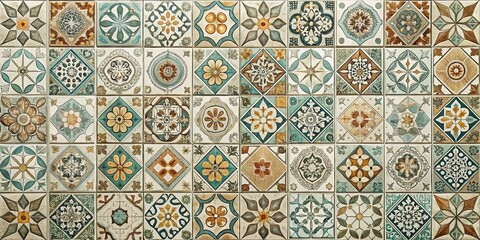 Retro geometric ceramic kitchen tiles in muted tones and patterns