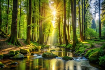 A Serene Photograph Capturing The Majestic Beauty Of A Pristine Forest With Towering Trees, Dappled Sunlight, And A Babbling Brook, Embodying The Divine Presence Of Nature.