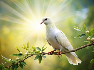 Obraz premium A serene white dove perches on a delicate olive branch, its feathers glistening in soft sunlight, symbolizing harmony, hope, and tranquility in a peaceful atmosphere.