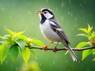 Fototapeta premium A serene white bird with a striking black and white striped back perches on a dewy branch, singing a sweet melody on a misty morning.