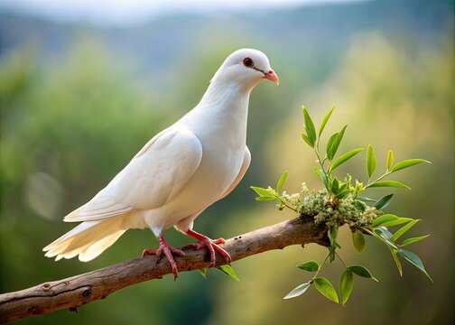 A serene white dove perches on a gnarled branch, clutching a lush olive sprig in its beak, symbolizing peace and harmony in a natural setting.