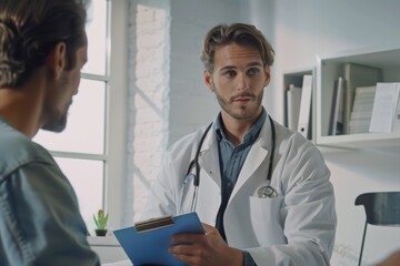 Fototapeta premium A man in a white lab coat is talking to a man in a blue shirt
