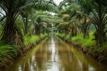 Obraz premium ai generative canal in oil palm plantation