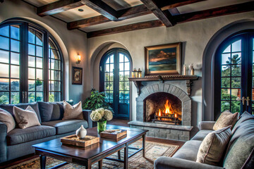 Cozy Living Room with Stone Fireplace and Scenic Green Landscape View