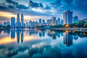 Fototapeta premium Soft focus cityscape at dusk with silvery hues of blue and gray blending into a seamless gradient, evoking a sense of serenity and nostalgia.