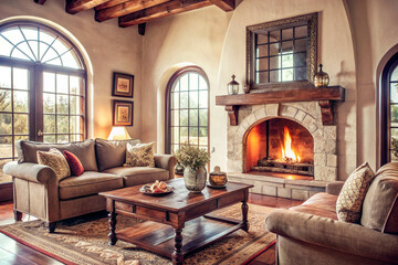 Cozy Mediterranean Style Living Room with Stone Fireplace and Arched Windows