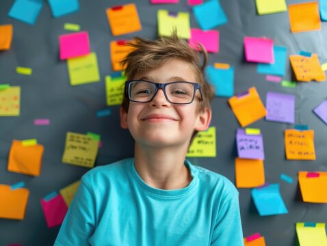 A young boy is smiling and wearing glasses. He is surrounded by colorful sticky notes. Concept of creativity and playfulness