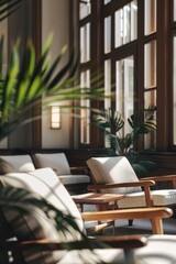 Fototapeta premium A room with a lot of plants and white furniture. The room has a lot of natural light coming in from the windows