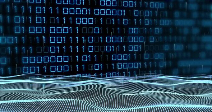 Binary code and digital waves, data processing animation