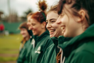 Fototapeta premium A line of women in coordinated green jackets share a moment of joy and belonging on a lush field.