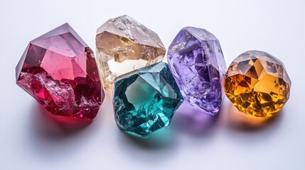 Fototapeta premium A group of five crystals with varied cuts and colors--emerald green