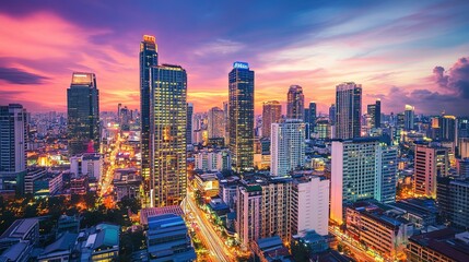 Obraz premium A vibrant city skyline during sunset with colorful clouds and bustling city life captured from an elevated viewpoint in a major urban area