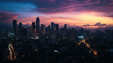 Fototapeta premium Dusk over a bustling city with illuminated skyscrapers, vibrant sunset colors, and winding roads in the heart of urban life