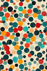 A colorful pattern of circles with a vintage feel. The circles are of various sizes and colors, creating a sense of depth and movement. Scene is playful and whimsical