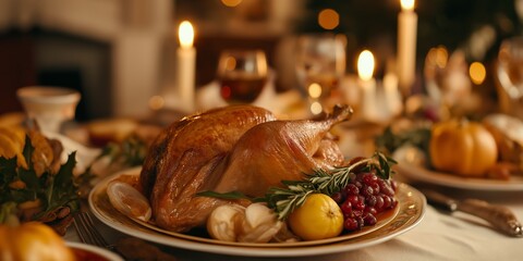 Naklejka premium A large turkey is surrounded by a variety of fruits and vegetables on a white plate. The table setting includes wine glasses, forks, knives, and spoons. Scene is festive and celebratory