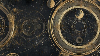 Celestial map depicting planetary orbits and astronomical designs on a starry background at night