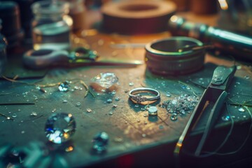 A jeweler's workbench is scattered with sparkling gems, rings, and tools, capturing the meticulous and creative process of jewelry making.