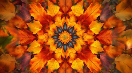 Kaleidoscopic autumn leaves flutter in a vibrant dance, forming a breathtaking mandala.