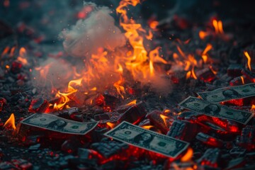 Dramatic scene of hundred dollar bills burning in intense flames, symbolizing financial loss and destruction, burnings dollars highlighting the volatility of money and economic crises