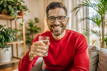 Man in Red Sweater Smiling on Couch with Glass of Water in Cozy Room