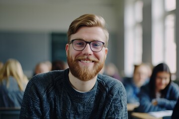 A bearded man wearing glasses smiles warmly inside a classroom, embodying an aura of friendliness and approachability.