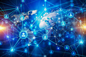Global Digital Network with Interconnected Nodes and World Map Background