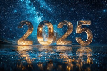 Glowing 2025 digits reflecting in water with night sky and stars