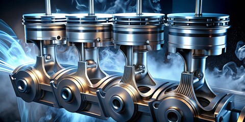 Pistons oscillate in a symphony of motion, while robust valves control the flow of air and fuel, engine parts expertly assembled.