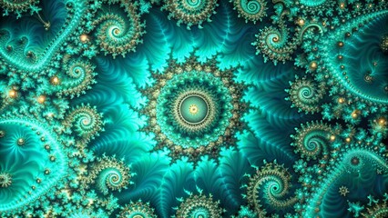 Intricate fractal celestial patterns in turquoise and green wallpaper