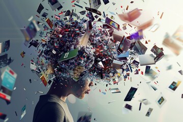 A person’s head is overfilled with a chaotic explosion of colorful digital media, symbolizing information overload and the digital age's complexities.