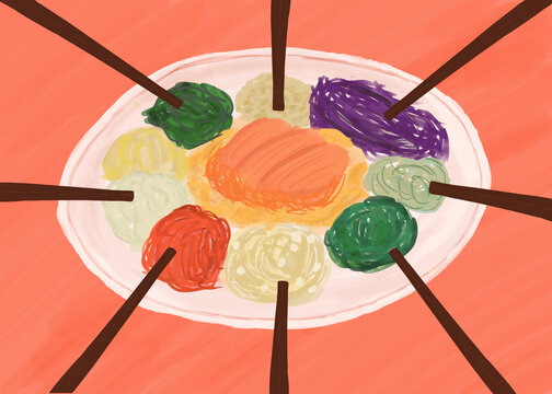 Chinese new year Yusheng or Lo hei with chopsticks illustration