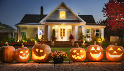 Obraz premium Halloween pumpkins and decorations outside a house. Night view of a house with halloween decoration, digital ai illustration