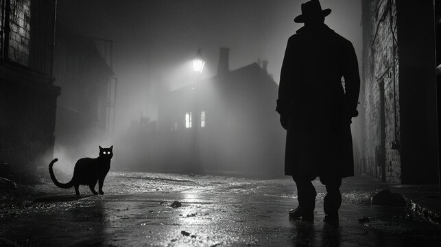 A mysterious figure in a trench coat encounters a glowing-eyed cat in a foggy, dimly lit alley at night