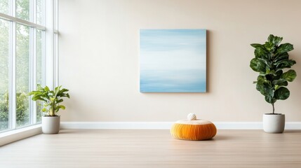 Abstract expressionist acrylic artwork in a yoga studio, earth tones, promoting wellness and peace