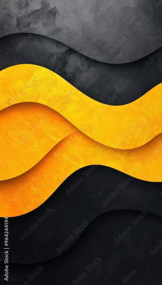 Wall mural yellow and black abstract waves on a textured background.