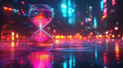 A glass hourglass sits in the middle of a futuristic city street, glowing with neon lights.