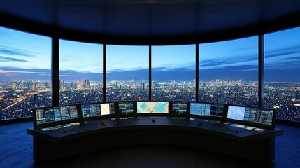 Fototapeta premium A panoramic view of a modern control room overlooking a city skyline at twilight, featuring multiple screens with data displays
