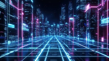 Fototapeta premium A vibrant futuristic cityscape illuminated by neon lights showcasing technology and architectural marvels at night