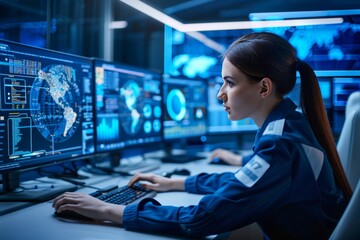 Female Engineer Monitoring Industrial Processes in a Digital Control Room, Immersive Technology