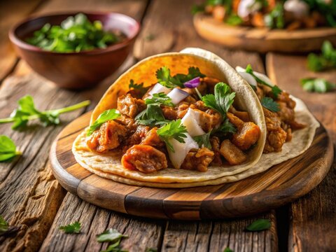 Authentic Mexican Guajolote Street Taco With A Tortilla Filled With Stewed Turkey Meat, Onions, And Cilantro, Set Against A Rustic Wooden Table.